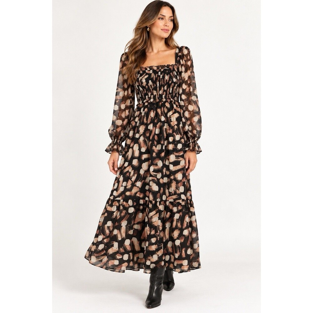 Anthropologie Moon River Smocked Square Neck Dress Women Size S Maxi Brushstroke